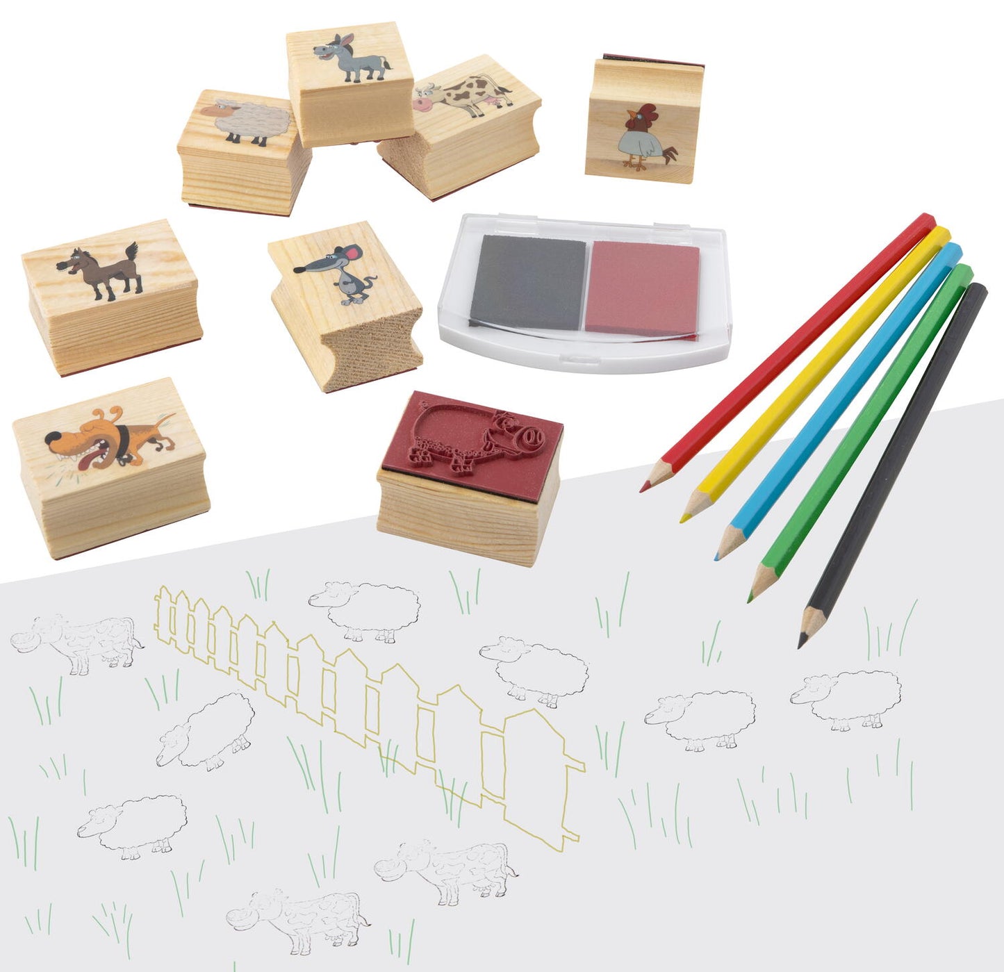 Set creativ - Stampile din lemn cu tusiera
