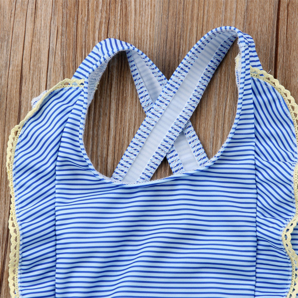 Costum de baie bleu cu dantela galbena