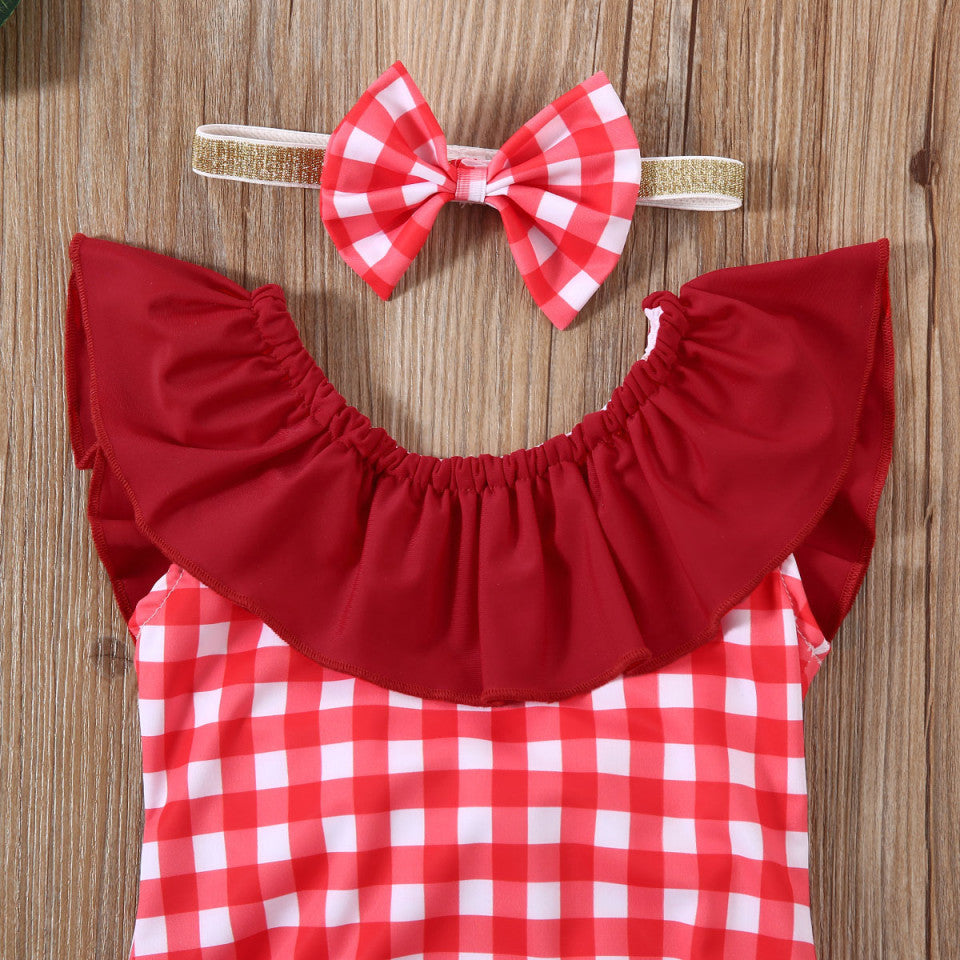 Costum de baie cu patratele rosii si bentita