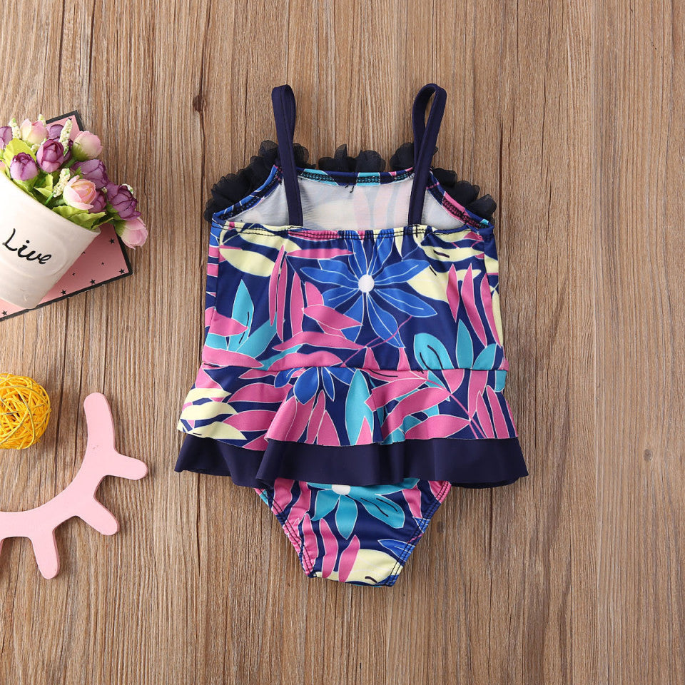 Costum de baie mov cu frunze si floricele aplicate