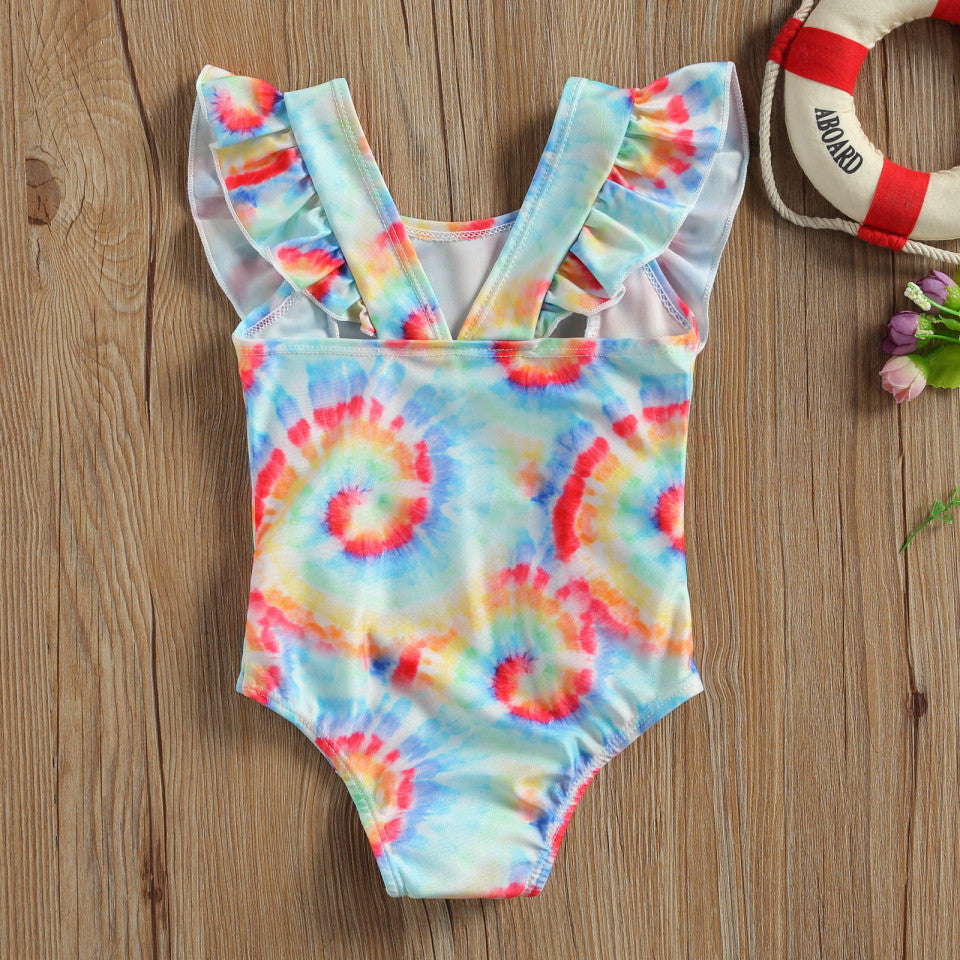 Costum de baie multicolor cu volanne verticale