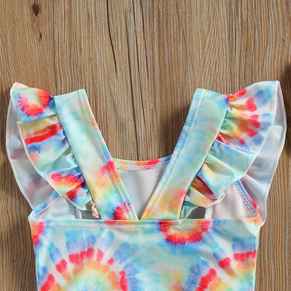 Costum de baie multicolor cu volanne verticale