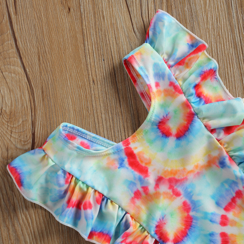 Costum de baie multicolor cu volanne verticale