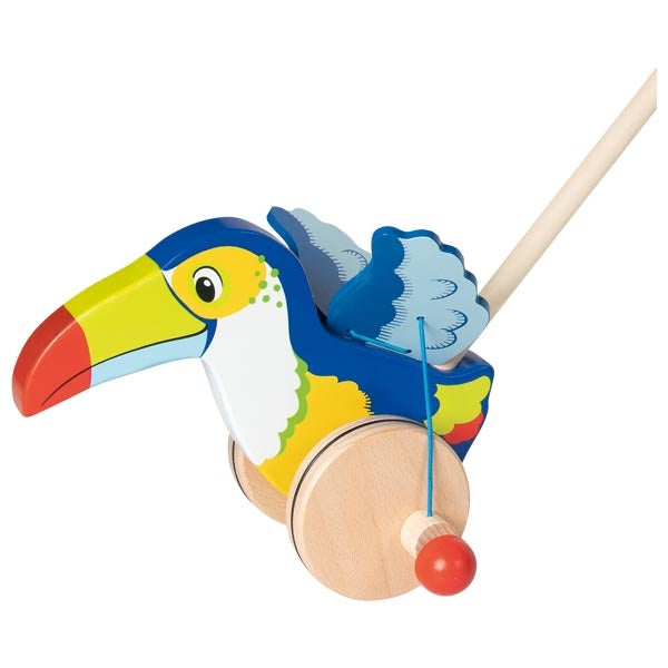 Jucarie de impins din lemn cu bat - Pasare tucan