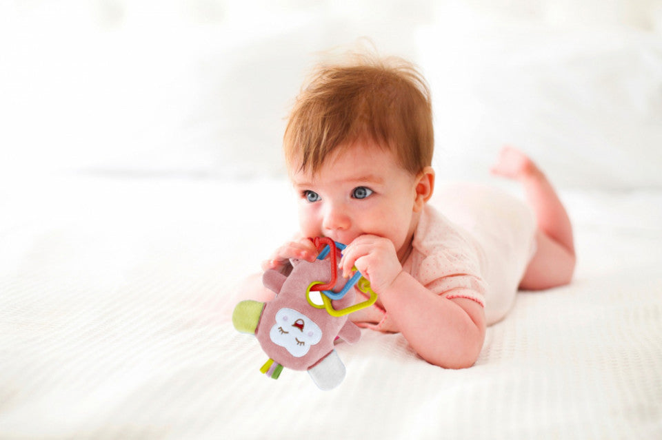 Jucarie din plus pentru bebelusi cu inele dentitie Funny Monkey BabyJem