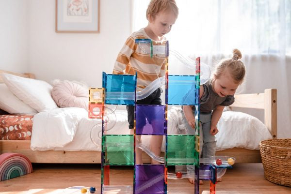 Magnetic Tiles Set magnetic, 92 piese, circuit cu bile - Marble run