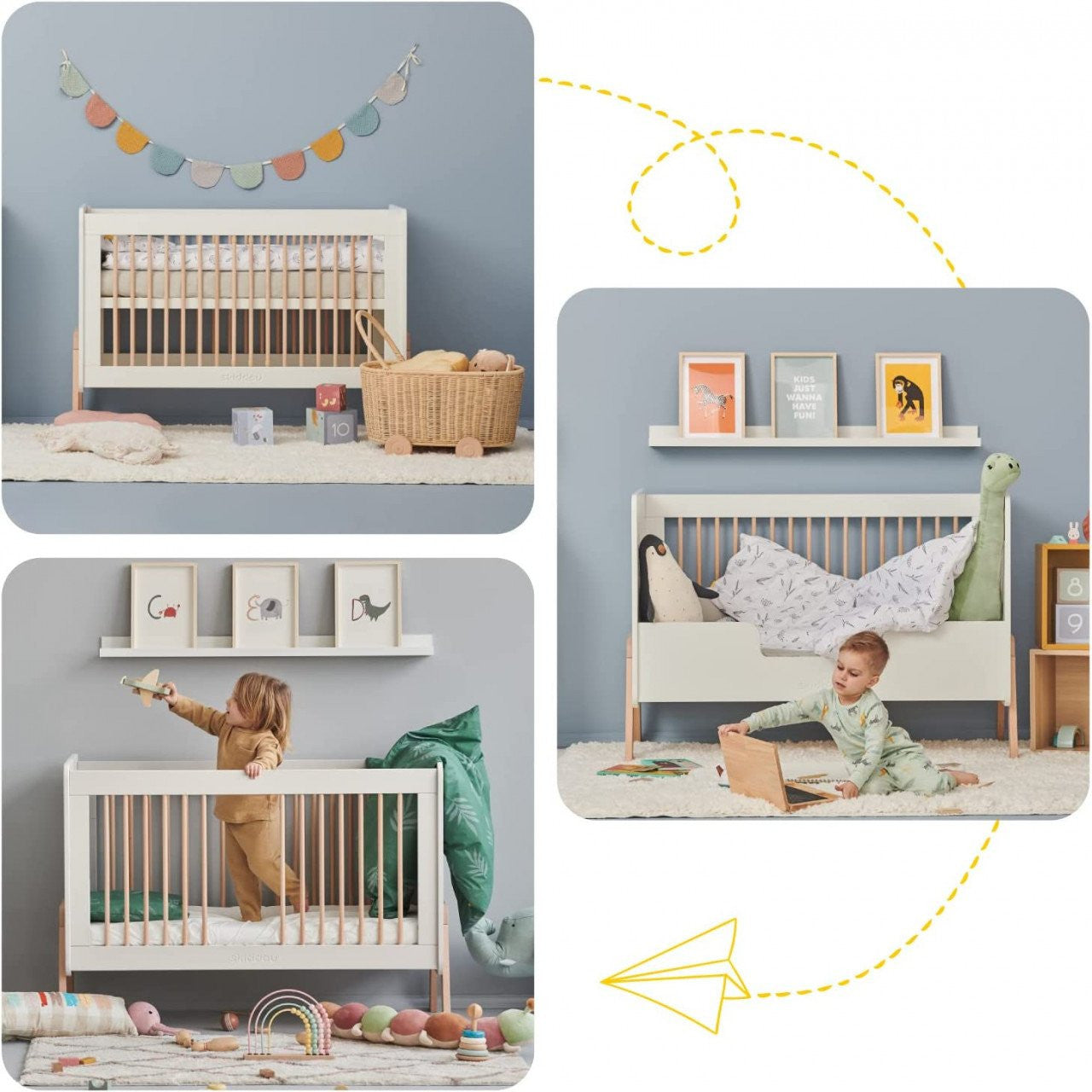 Patut transformabil copii Krubb din lemn de fag/MDF, 60x120 cm, Puff Catcher, alb, Skiddou