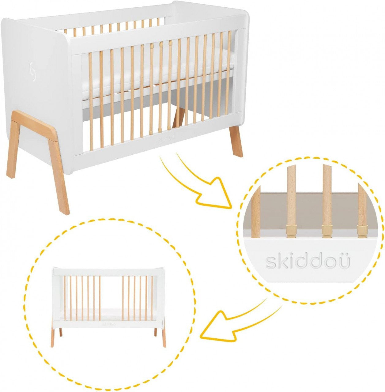 Patut transformabil copii Krubb din lemn de fag/MDF, 60x120 cm, Puff Catcher, alb, Skiddou