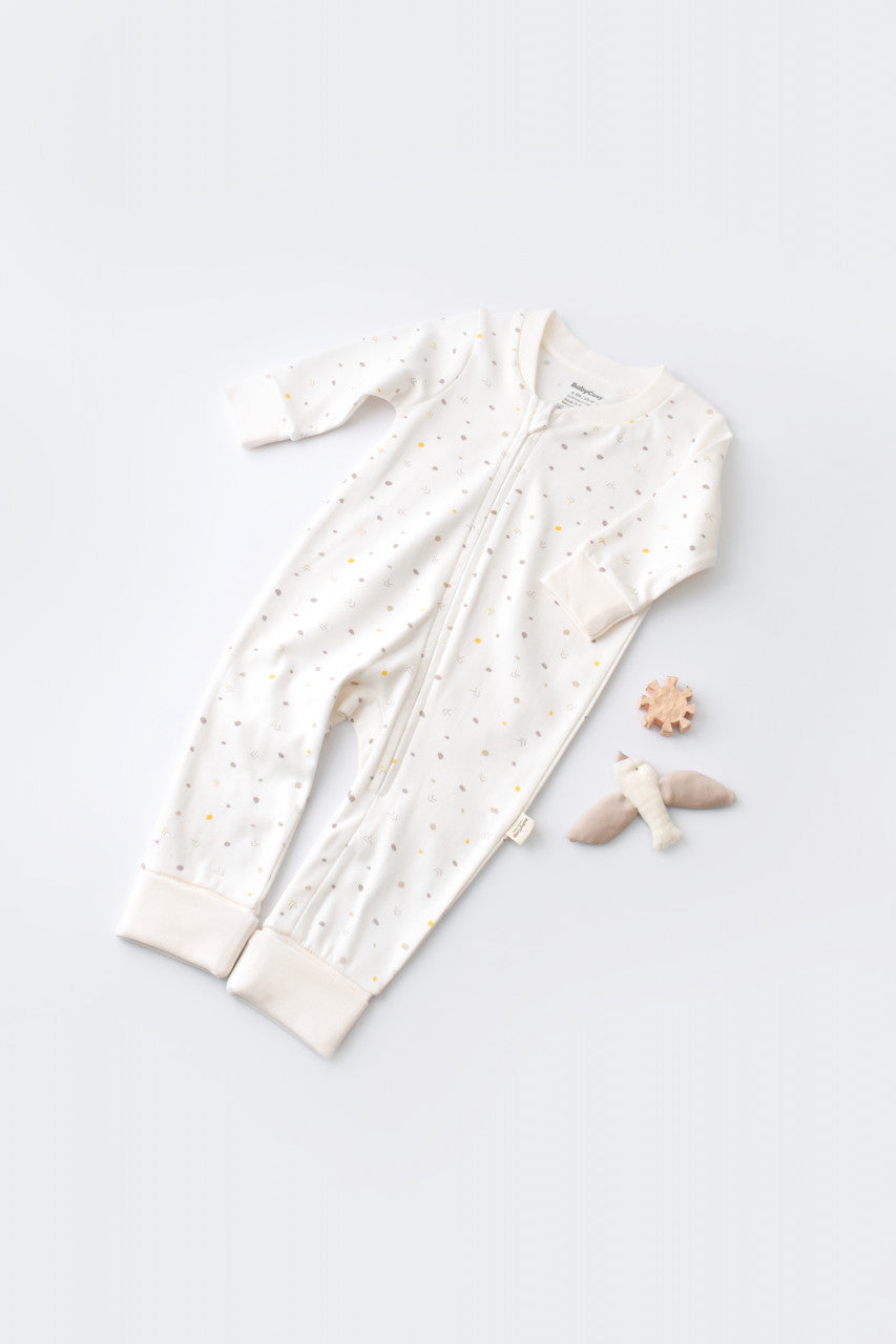 Salopeta cu fermoar cu maneca lunga si panataloni lungi - 100%bumbac organic - Ecru cu buline, Baby Cosy