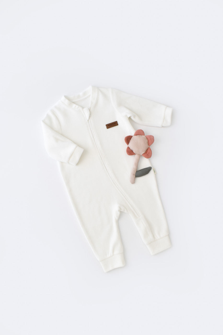 Salopeta cu maneca lunga si fermoar din 80%bumbac organic si 20% poliester - Ecru, Baby Cosy