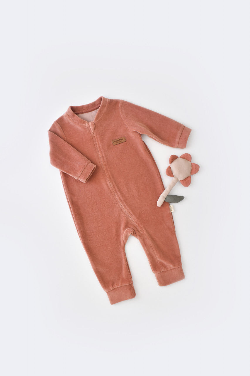 Salopeta cu maneca lunga si fermoar din 80%bumbac organic si 20% poliester - Caramiziu, Baby Cosy