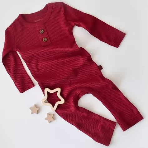 Salopeta cu maneca lunga si panataloni lungi din bumbac organic si modal - Rosu