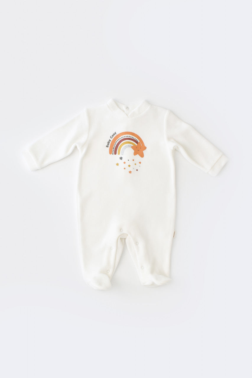 Salopeta Curcubeu cu maneca lunga si botosei din 80%bumbac organic si 20% poliester - Ecru, Baby Cosy
