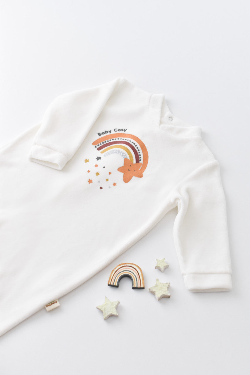 Salopeta Curcubeu cu maneca lunga si botosei din 80%bumbac organic si 20% poliester - Ecru, Baby Cosy