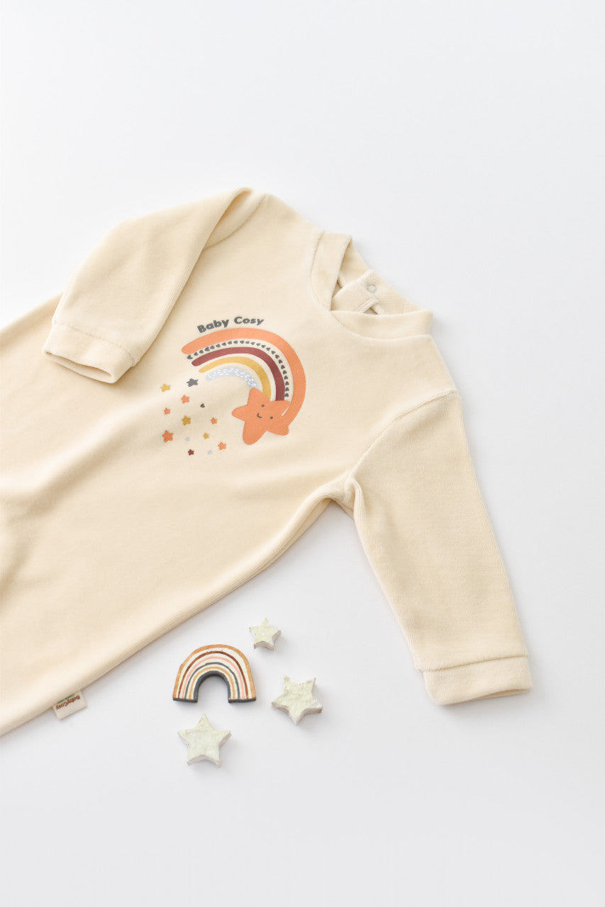 Salopeta Curcubeu cu maneca lunga si botosei din 80%bumbac organic si 20% poliester - Crem, Baby Cosy