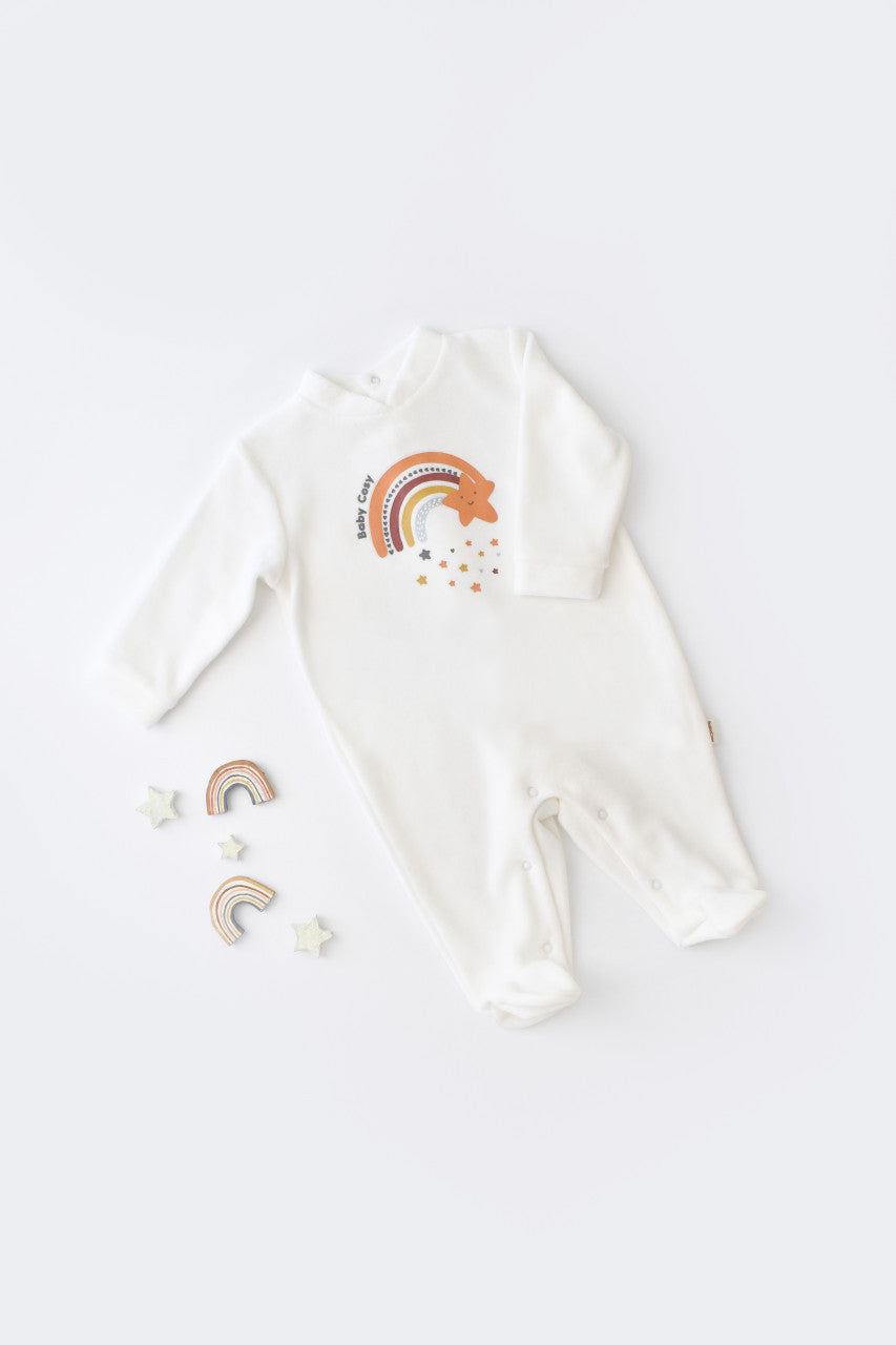 Salopeta Curcubeu cu maneca lunga si botosei din 80%bumbac organic si 20% poliester - Ecru, Baby Cosy