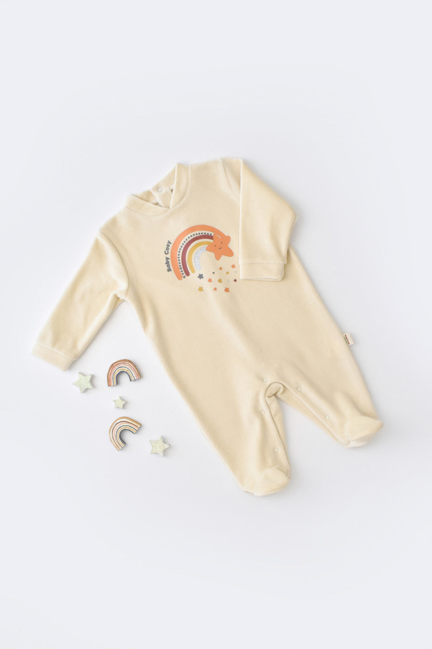 Salopeta Curcubeu cu maneca lunga si botosei din 80%bumbac organic si 20% poliester - Crem, Baby Cosy