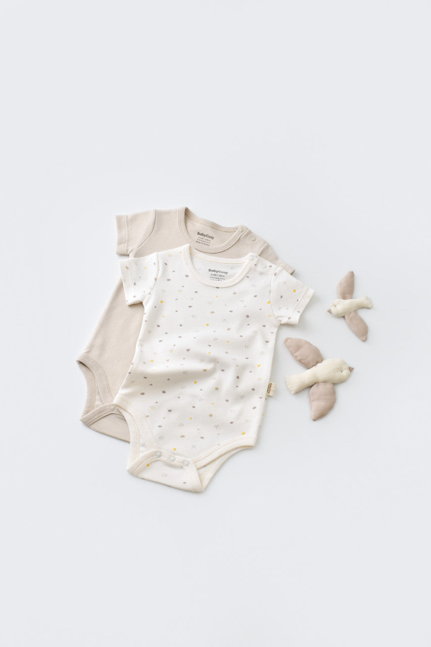 Set 2 body-uri bebe unisex -100% bumbac organic - Ecru cu buline, Baby Cosy