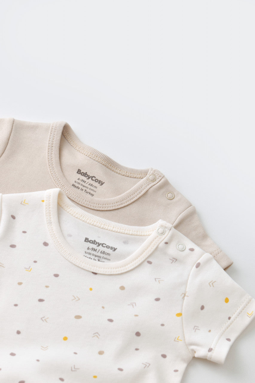 Set 2 body-uri bebe unisex -100% bumbac organic - Ecru cu buline, Baby Cosy