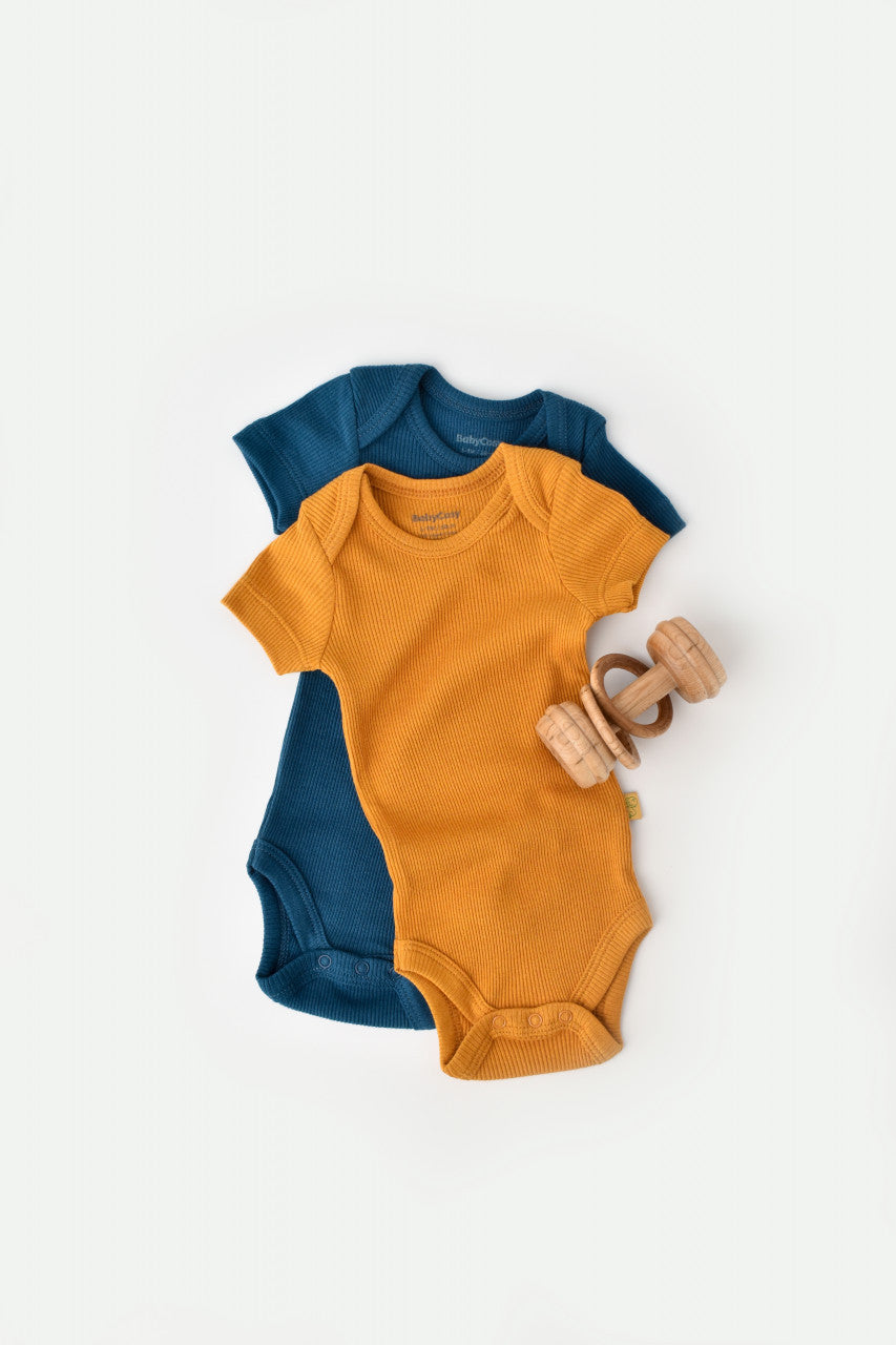 Set 2 body-uri bebe unisex din bumbac organic si modal - Bleumarin/Sofran, Baby Cosy