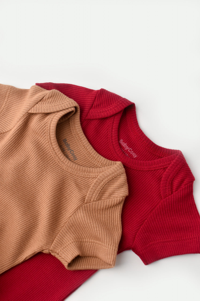 Set 2 body-uri bebe unisex din bumbac organic si modal - Maro/Rosu, Baby Cosy