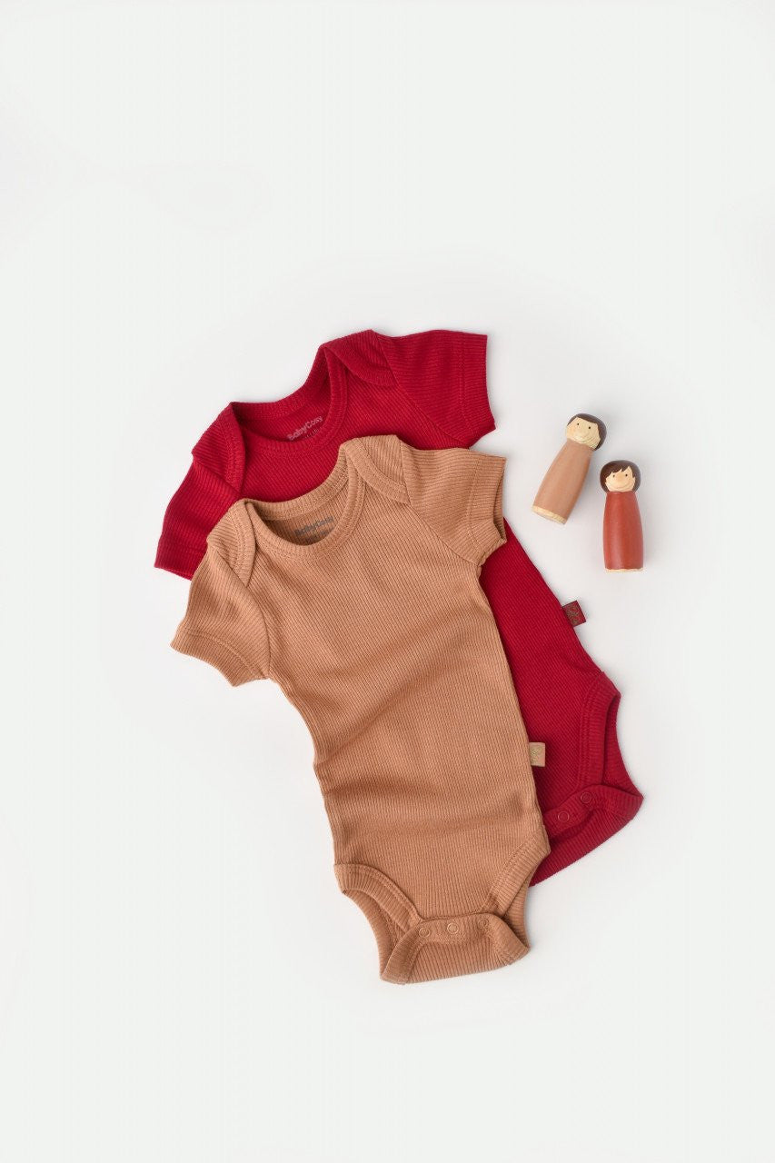 Set 2 body-uri bebe unisex din bumbac organic si modal - Maro/Rosu, Baby Cosy