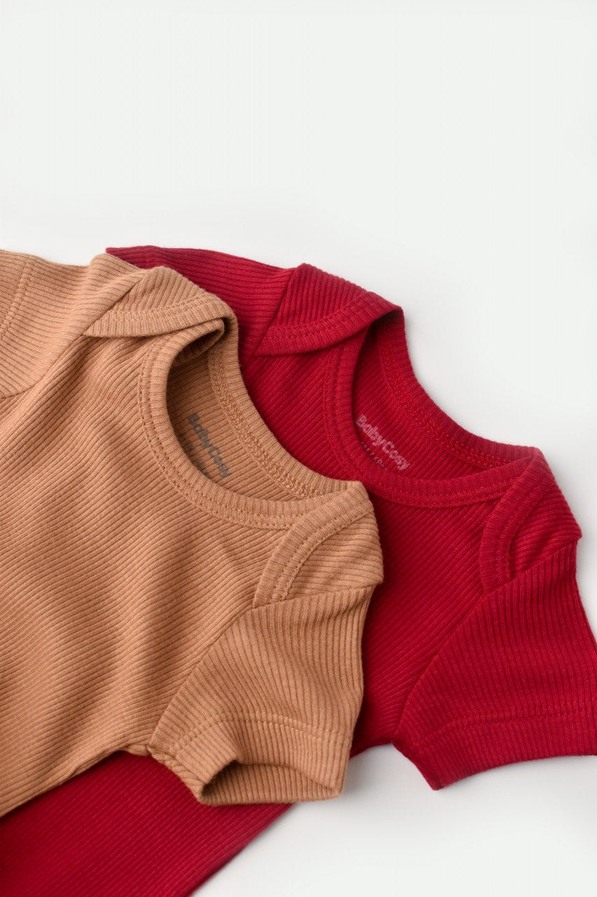 Set 2 body-uri bebe unisex din bumbac organic si modal - Maro/Rosu, Baby Cosy
