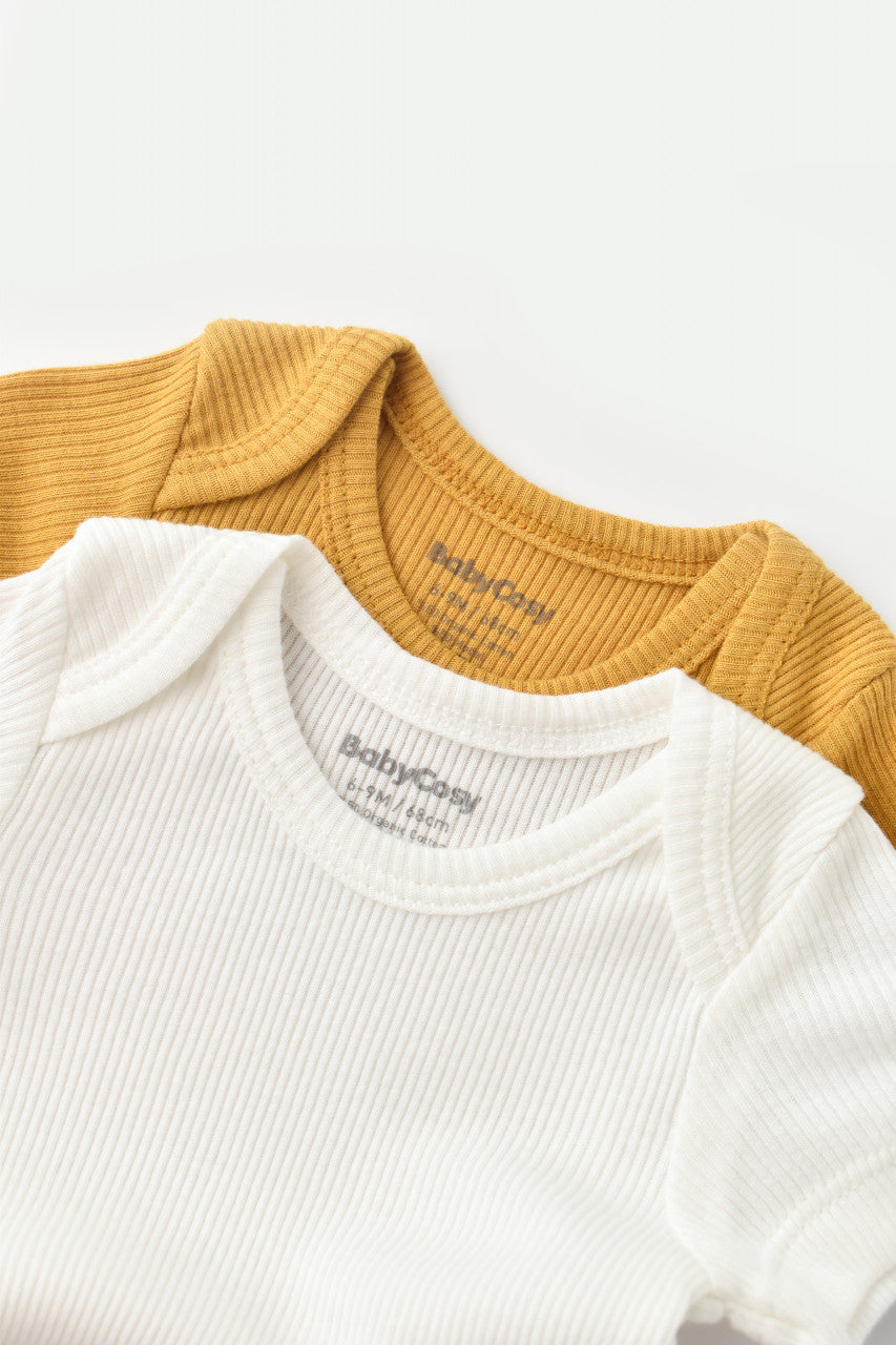 Set 2 body-uri bebe unisex din bumbac organic si modal - Mustar/Ecru, Baby Cosy