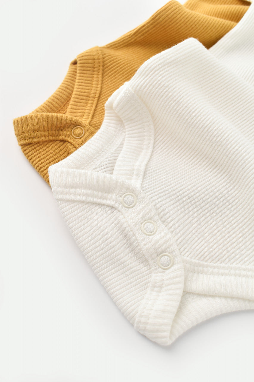 Set 2 body-uri bebe unisex din bumbac organic si modal - Mustar/Ecru, Baby Cosy