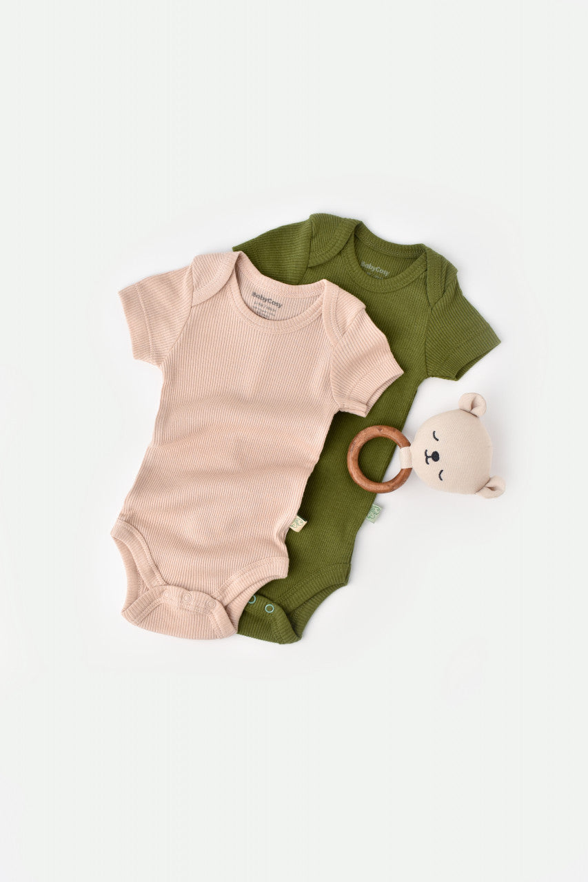 Set 2 body-uri bebe unisex din bumbac organic si modal - Verde/Blush, Baby Cosy