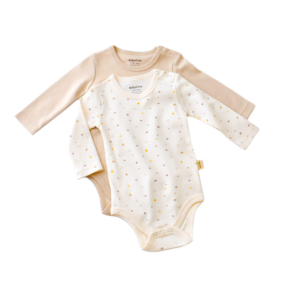 Set 2 body-uri cu maneca lunga bebe unisex -100% bumbac organic - Ecru cu buline, Baby Cosy