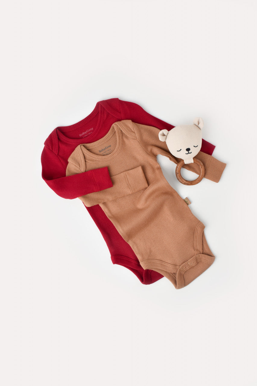 Set 2 body-uri cu maneca lunga bebe unisex din bumbac organic si modal - Maro/Rosu, Baby Cosy