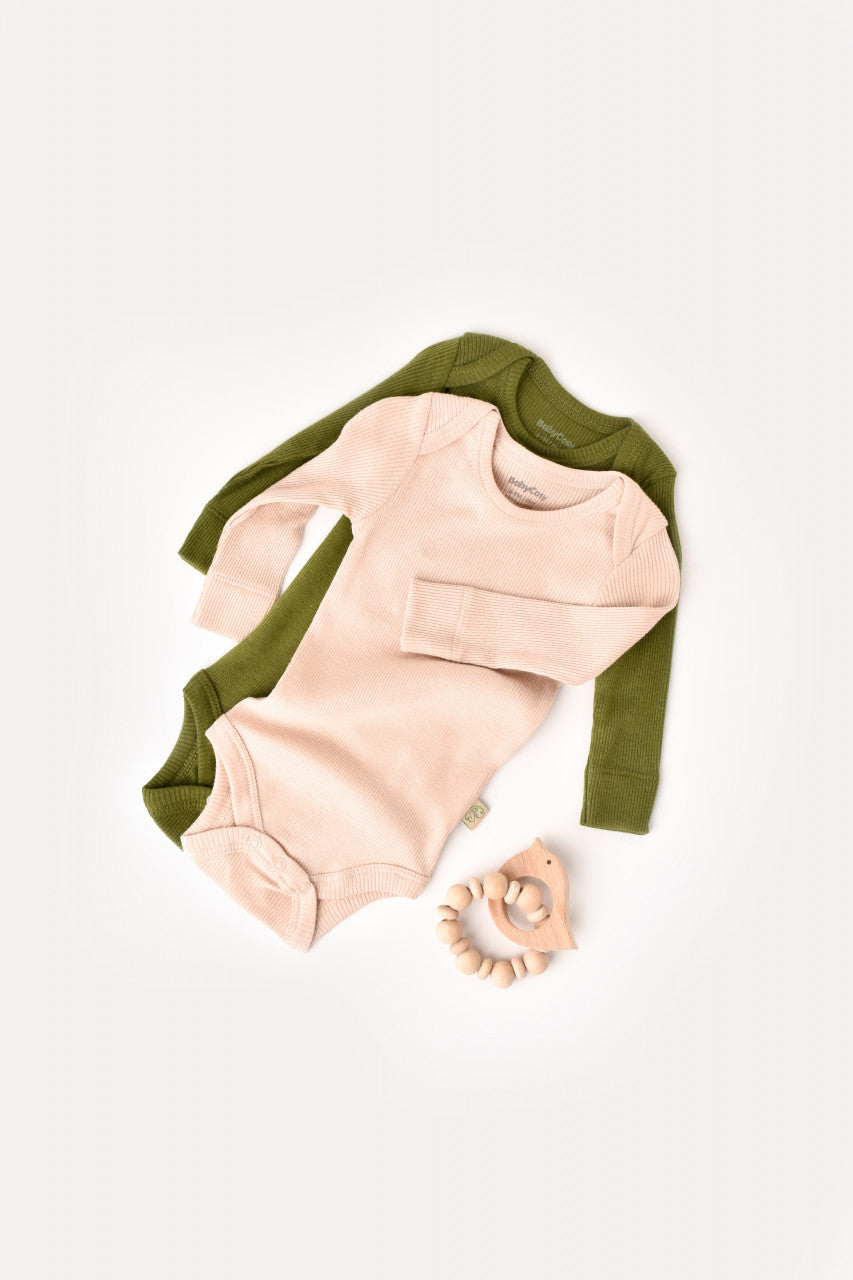 Set 2 body-uri cu maneca lunga bebe unisex din bumbac organic si modal - Verde/Blush, Baby Cosy