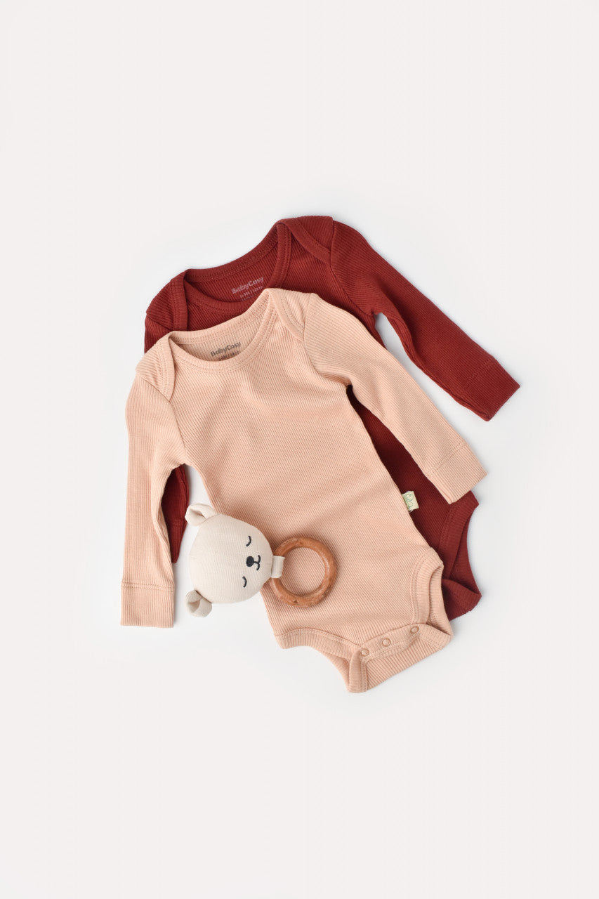 Set 2 body-uri cu maneca lunga bebe unisex din bumbac organic si modal - Caramiziu/Somon, Baby Cosy