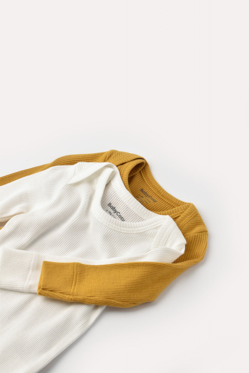 Set 2 body-uri cu maneca lunga bebe unisex din bumbac organic si modal - Mustar/Ecru, Baby Cosy
