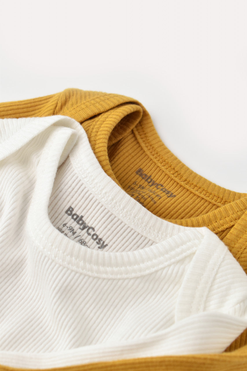 Set 2 body-uri cu maneca lunga bebe unisex din bumbac organic si modal - Mustar/Ecru, Baby Cosy