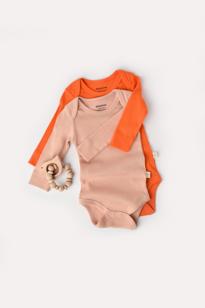Set 2 body-uri cu maneca lunga bebe unisex din bumbac organic si modal - Rodie/Piersica, Baby Cosy