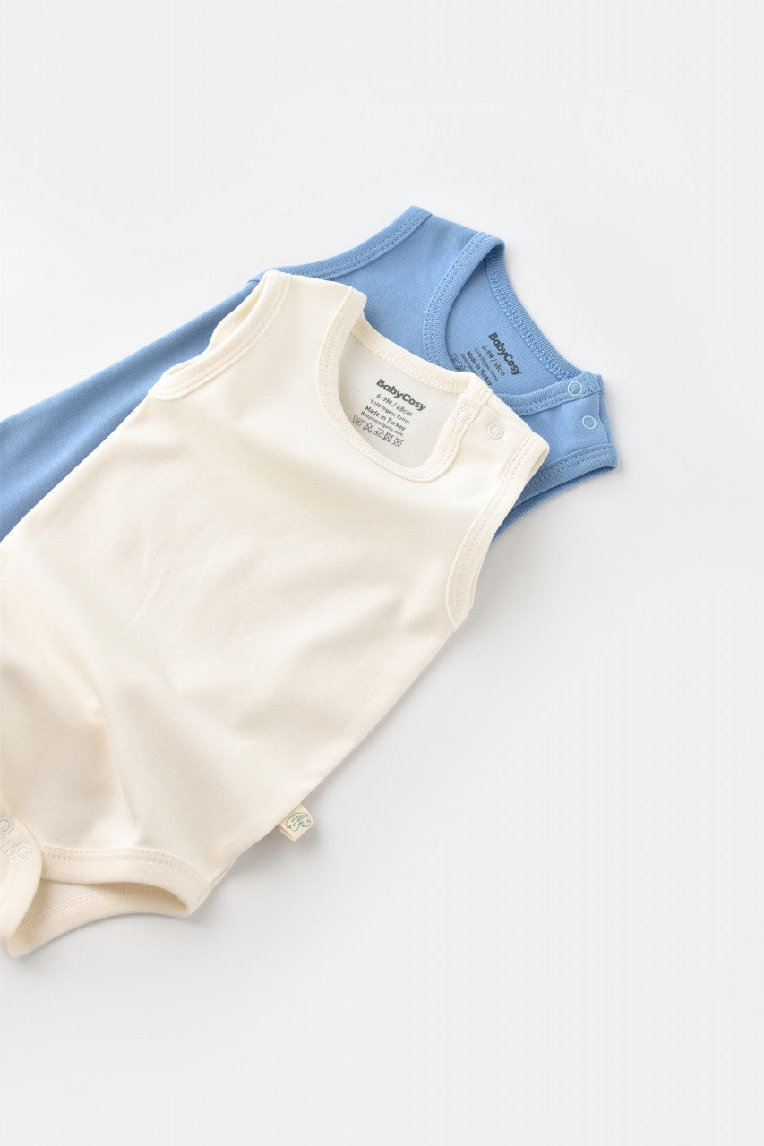 Set 2 body-uri fara maneci bebe unisex -100% bumbac organic - Ecru/Bleu, Baby Cosy