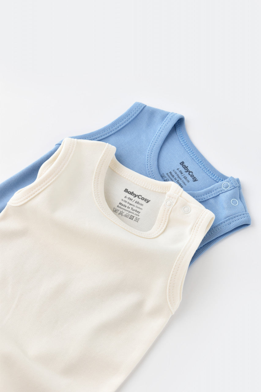 Set 2 body-uri fara maneci bebe unisex -100% bumbac organic - Ecru/Bleu, Baby Cosy