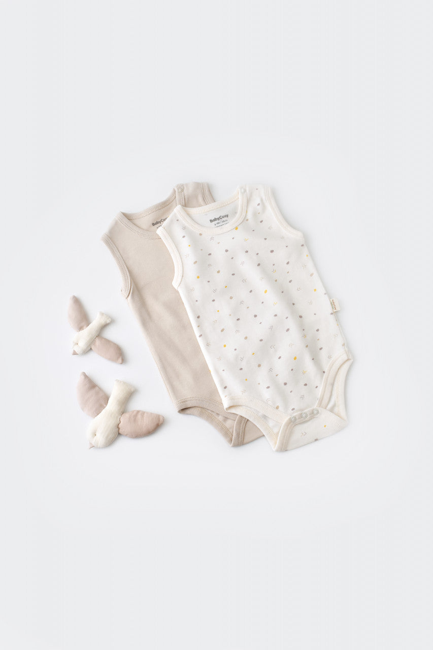 Set 2 body-uri fara maneci bebe unisex -100% bumbac organic - Ecru cu buline, Baby Cosy
