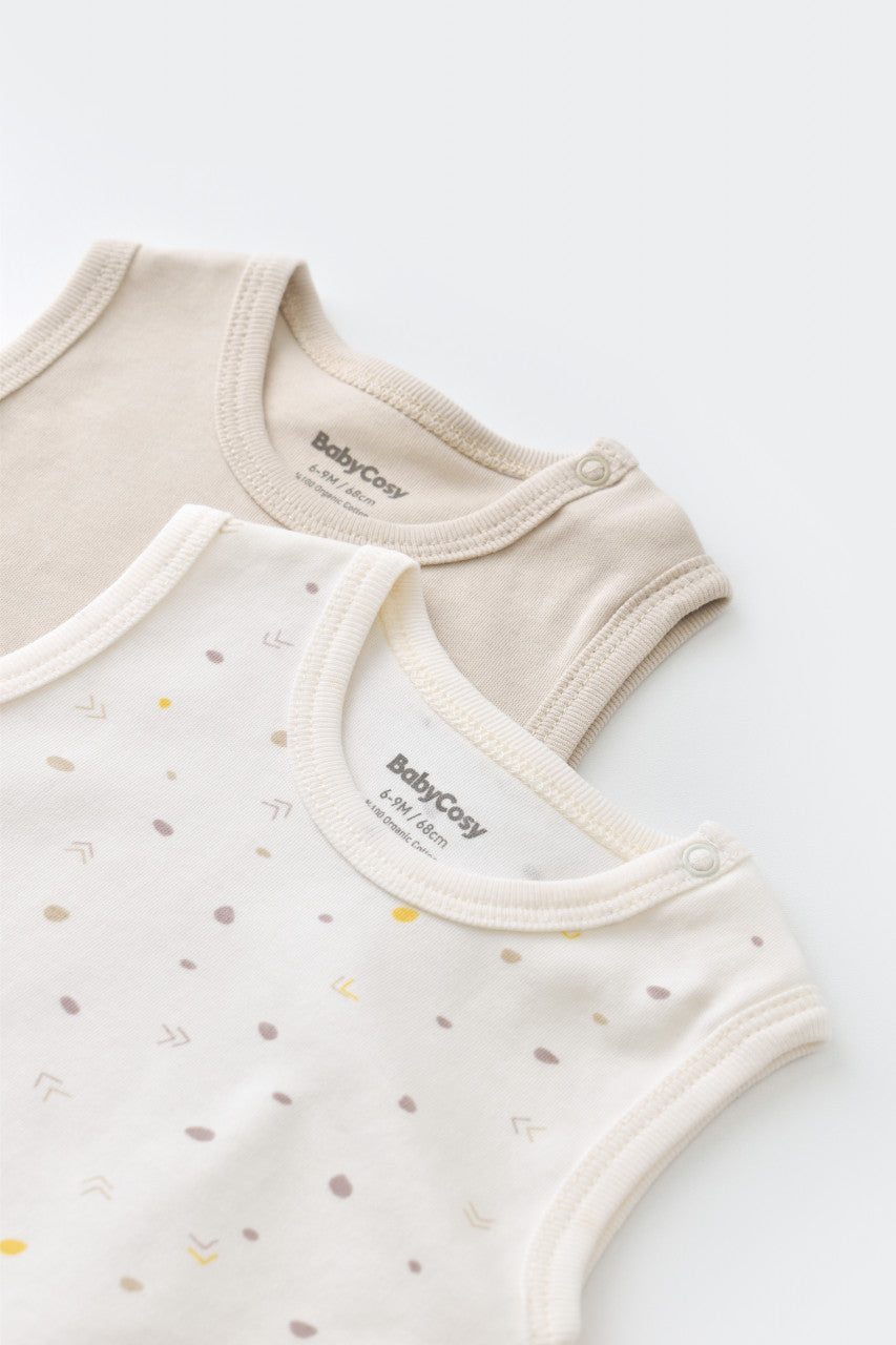 Set 2 body-uri fara maneci bebe unisex -100% bumbac organic - Ecru cu buline, Baby Cosy