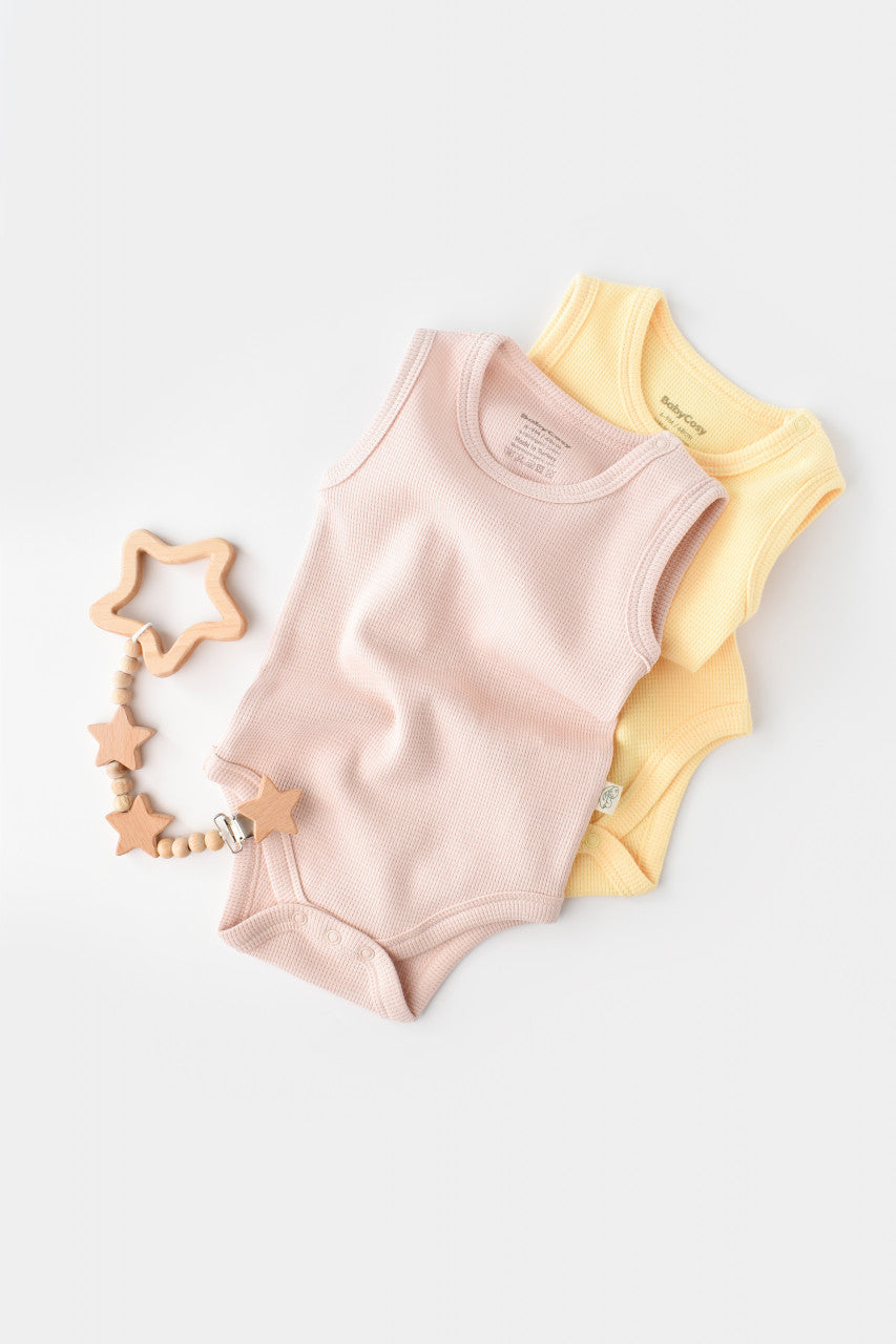 Set 2 body-uri fara maneci bebe unisex -100% bumbac organic - Galben/Roz, Baby Cosy