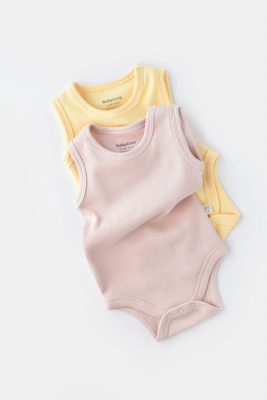 Set 2 body-uri fara maneci bebe unisex -100% bumbac organic - Galben/Roz, Baby Cosy