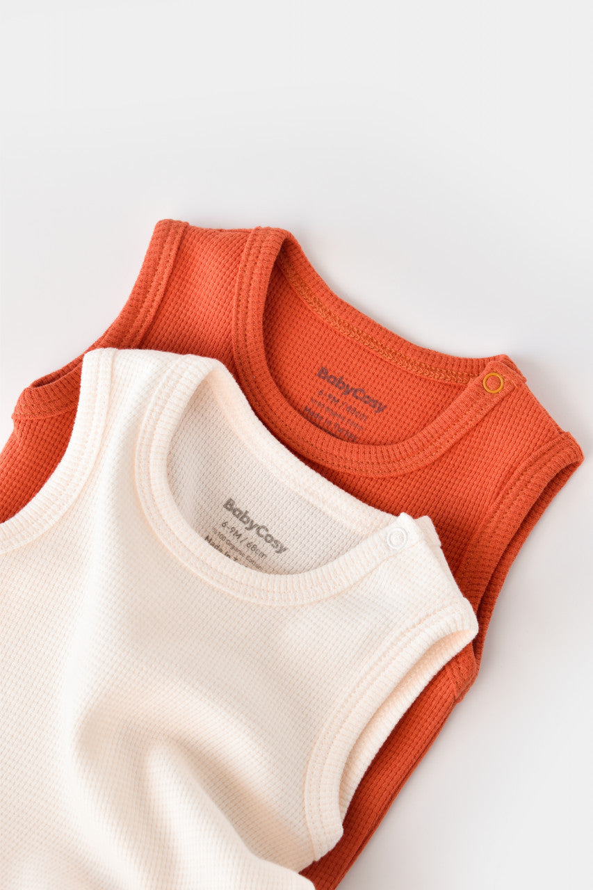 Set 2 body-uri fara maneci bebe unisex -100% bumbac organic -Scortisoara/Ecru, Baby Cosy