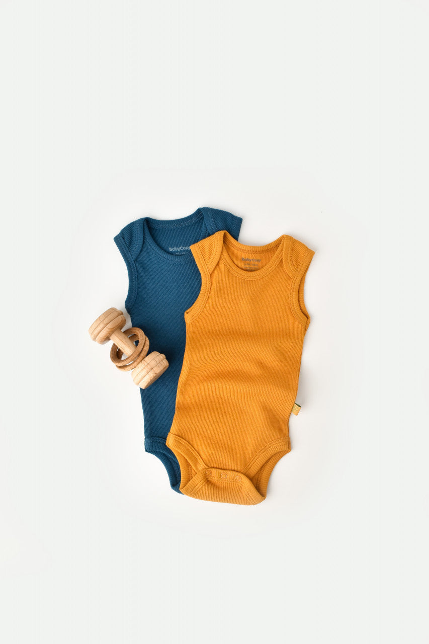 Set 2 body-uri fara maneci bebe unisex din bumbac organic si modal - Bleumarin/Sofran, Baby Cosy