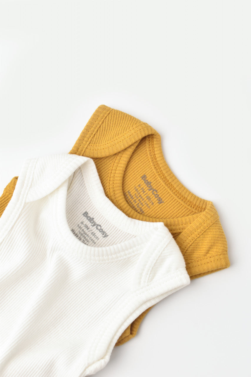 Set 2 body-uri fara maneci bebe unisex din bumbac organic si modal - Mustar/Ecru, Baby Cosy
