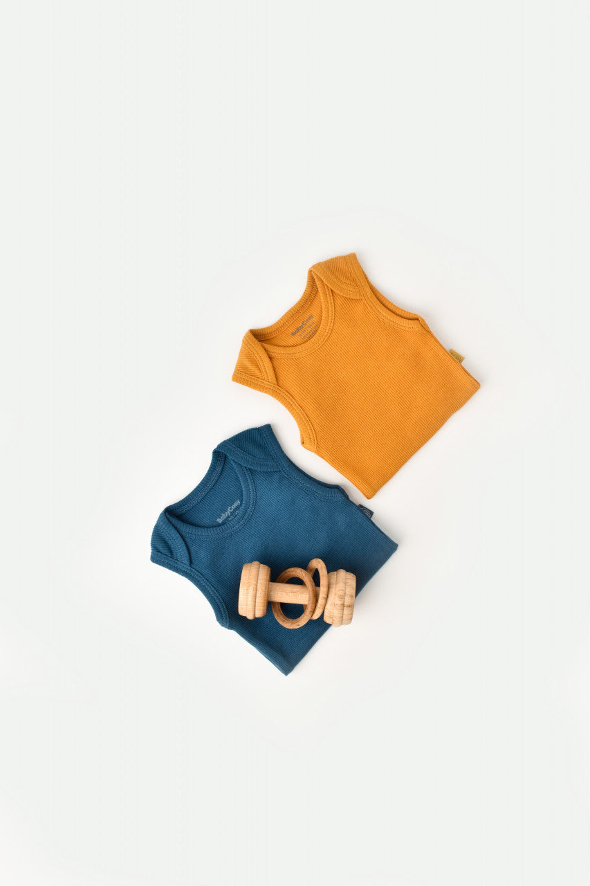 Set 2 body-uri fara maneci bebe unisex din bumbac organic si modal - Bleumarin/Sofran, Baby Cosy