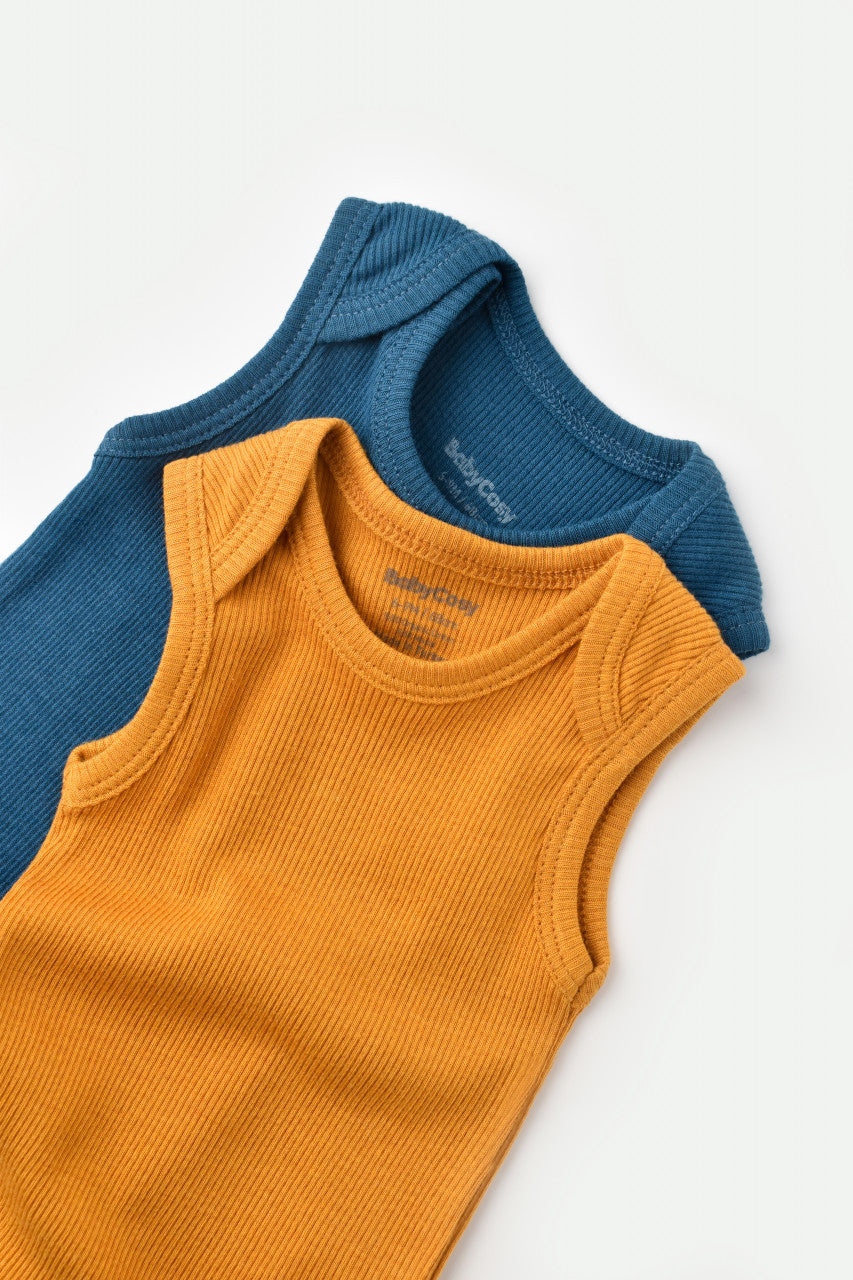 Set 2 body-uri fara maneci bebe unisex din bumbac organic si modal - Bleumarin/Sofran, Baby Cosy