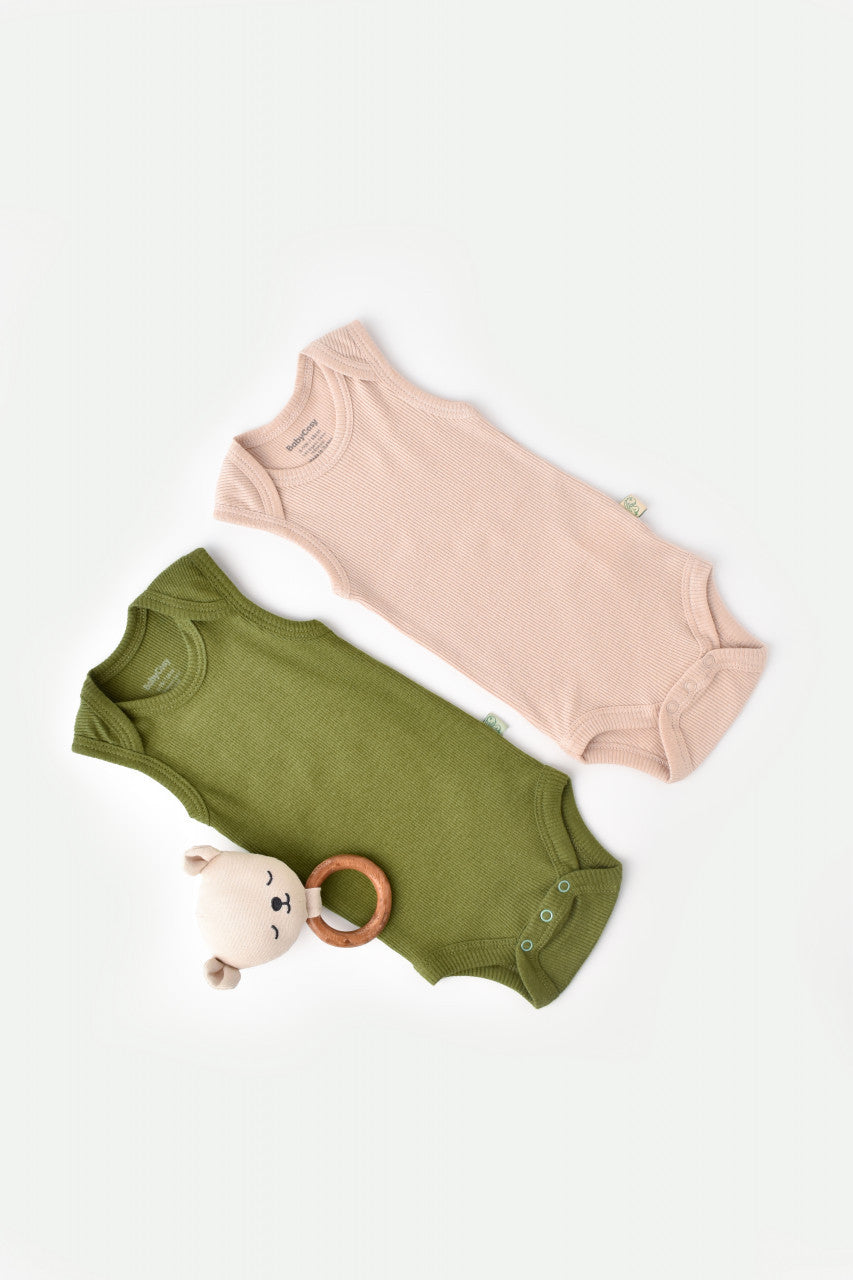 Set 2 body-uri fara maneci bebe unisex din bumbac organic si modal - Verde/Blush, Baby Cosy