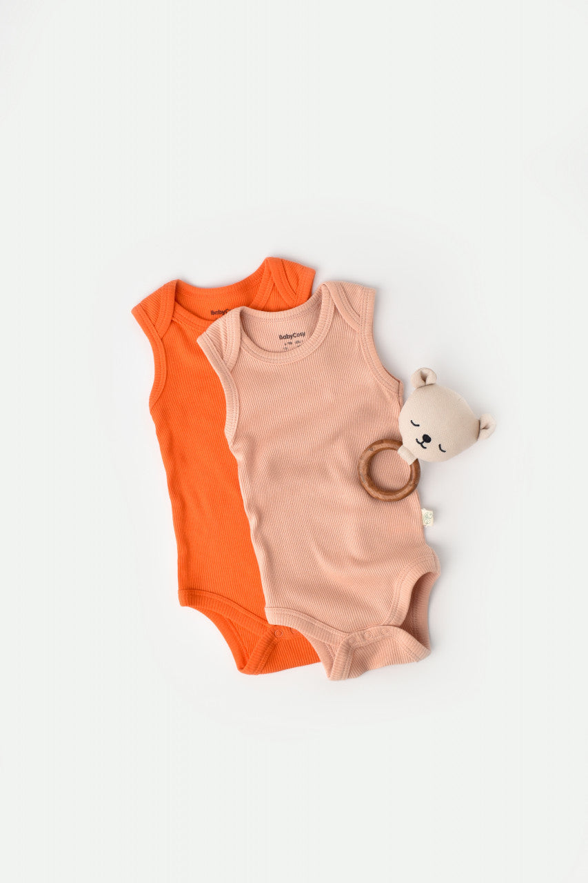 Set 2 body-uri fara maneci bebe unisex din bumbac organic si modal - Rodie/Piersica, Baby Cosy